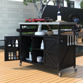 Farmhouse Outdoor Kitchen Island, Rolling Bar Cart & Storage Cabinet with Stainless Steel Top, Spice Rack, Towel Rack for Kitchen & Barbecue, Solid Wood Outdoor Grill Table