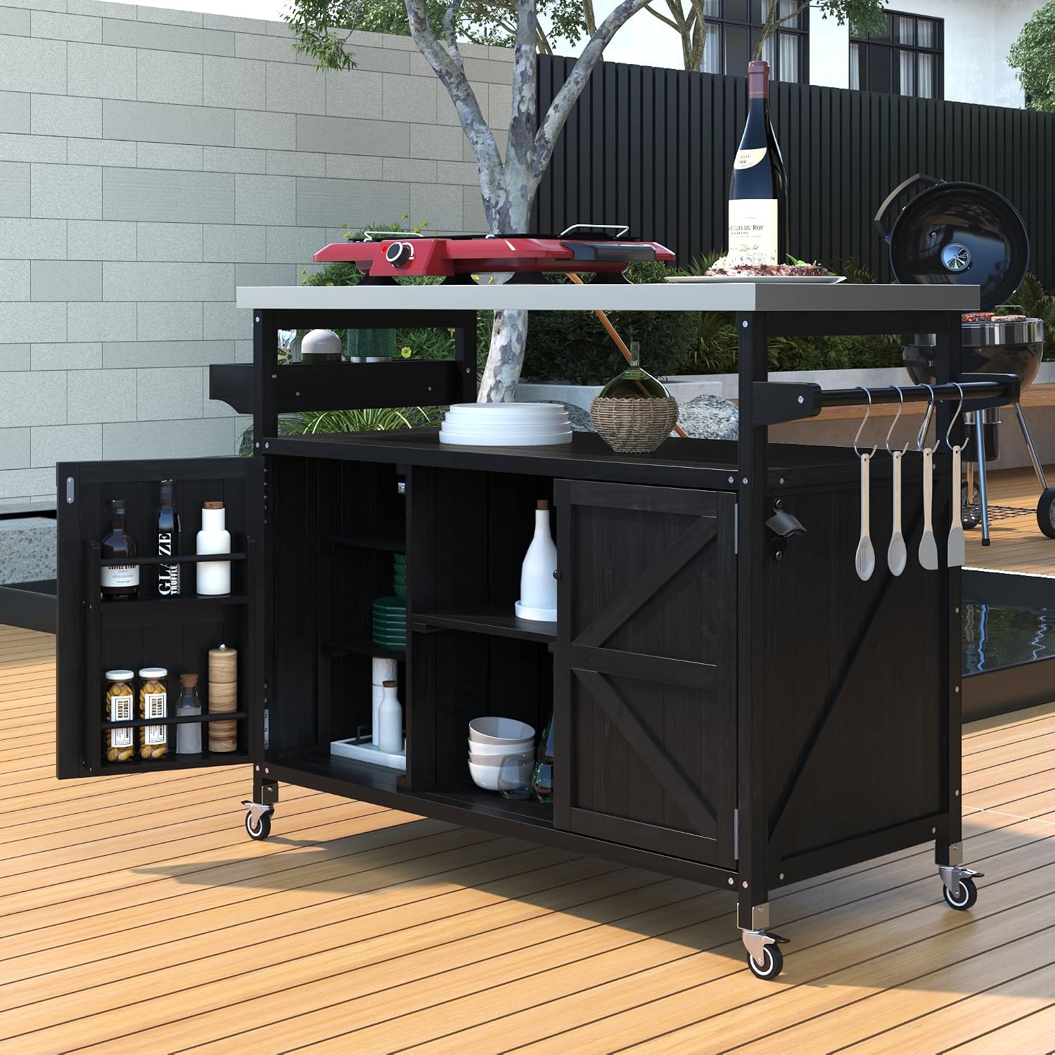 Farmhouse Outdoor Kitchen Island, Rolling Bar Cart & Storage Cabinet with Stainless Steel Top, Spice Rack, Towel Rack for Kitchen & Barbecue, Solid Wood Outdoor Grill Table