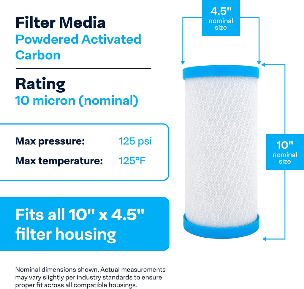 SpiroPure SP-EPM-BB 10x4.5 10 Micron NSF Certified Coconut Shell Carbon Block Water Filter Cartridge EPM-BB 155782-43 CB-45-1010 (Case of 6)