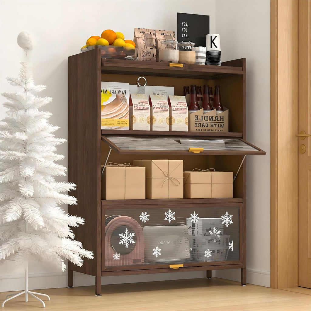 4-Tier Kitchen Pantry Cabinet with Microwave Shelf & Flip-Up Doors - Modern Freestanding Storage Cupboard with Adjustable Shelves & Fluted Glass Doors, Brown Buffet for Kitchen/Dining/Living Room