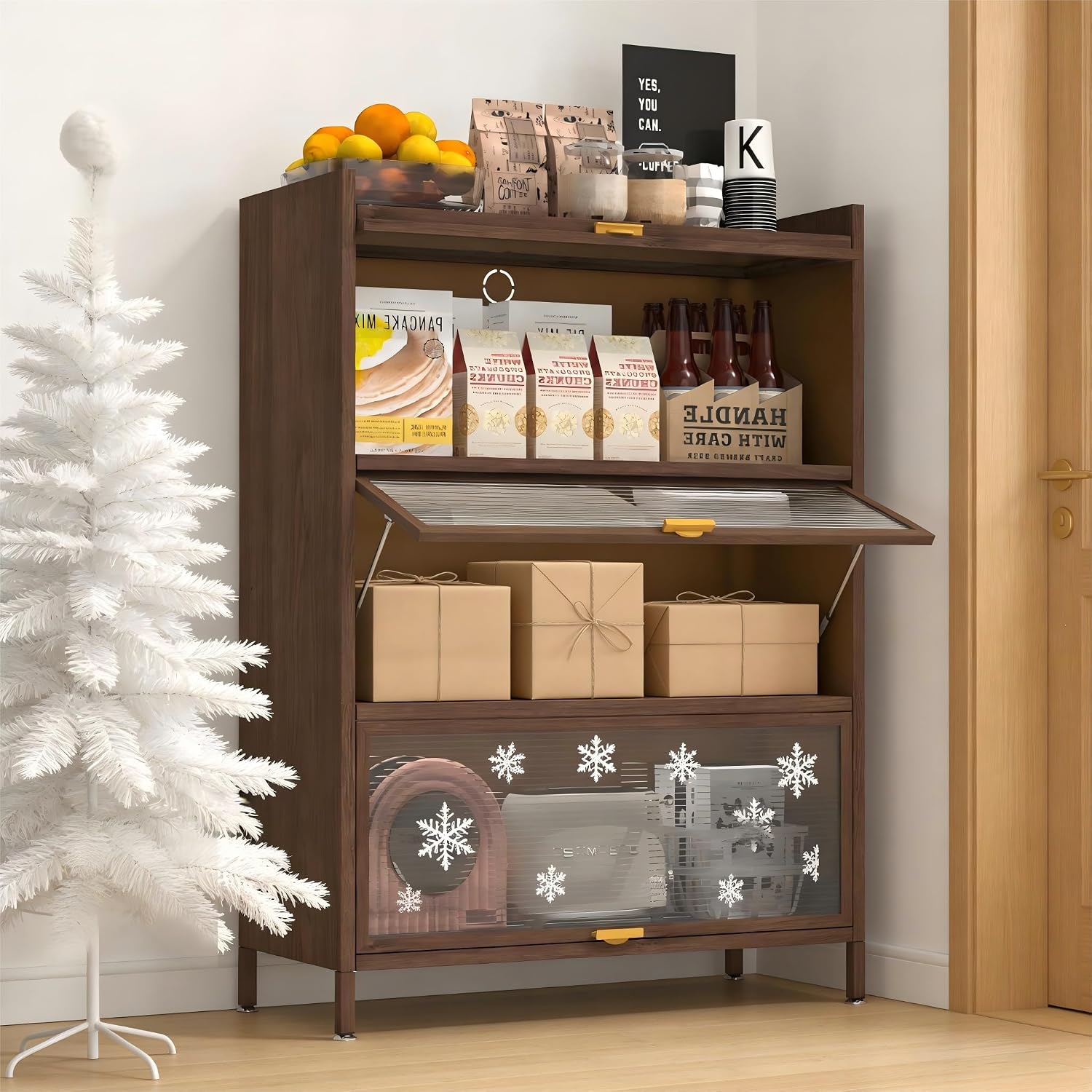 4-Tier Kitchen Pantry Cabinet with Microwave Shelf & Flip-Up Doors - Modern Freestanding Storage Cupboard with Adjustable Shelves & Fluted Glass Doors, Brown Buffet for Kitchen/Dining/Living Room