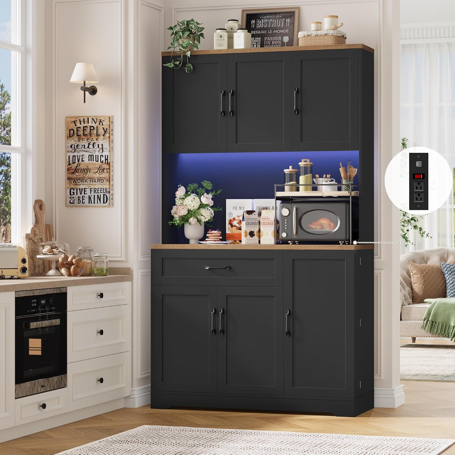 HIFIT 71' LED Kitchen Pantry Cabinet with Power Outlet, Tall Hutch Storage Cabinet with Microwave Stand & 6 Door Shelves, Modern Food Pantry Cabinets with Drawer for Kitchen Dining Living Room, Black