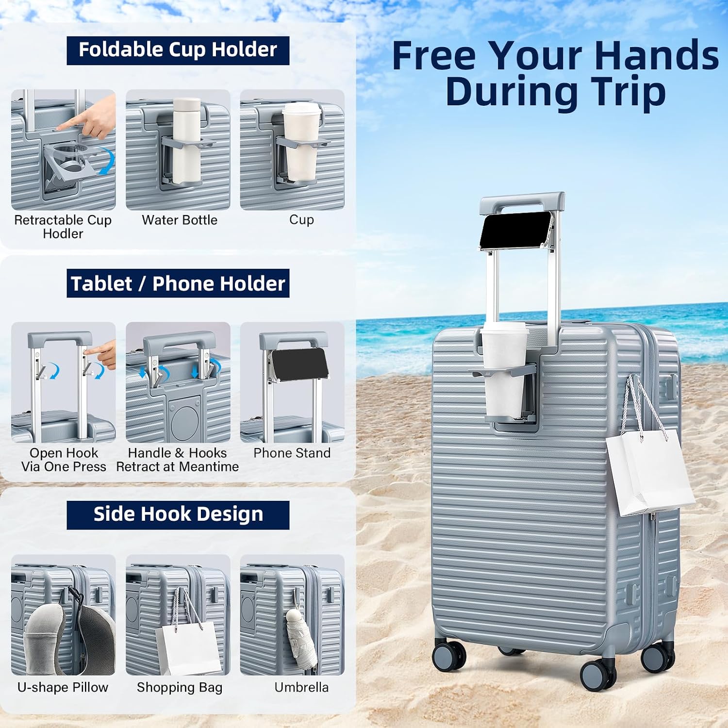 HanTrip Hard Shell Suitcases 24 Inch Check in Luggage with Spinner Wheels Cup Holder, Lightweight Top Opening Expandable Luggage Hard Case Rolling Medium Checked Suitcase with Lock, Silver