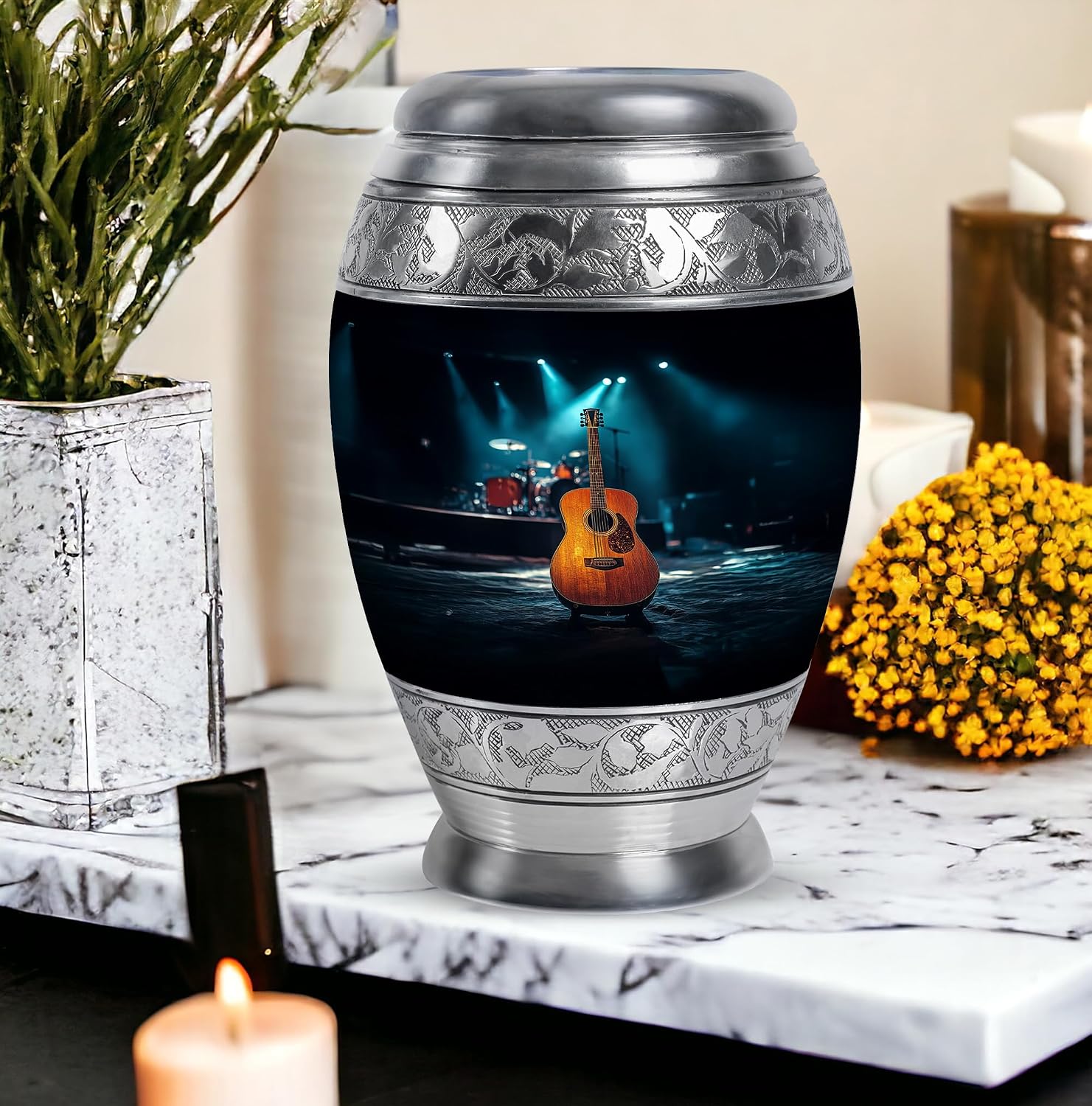 Guitar Urn - Memorial Urn - Secure Lid - Burial Urns - Urns for Adult Male Small - Hand Engraved - 10 inch