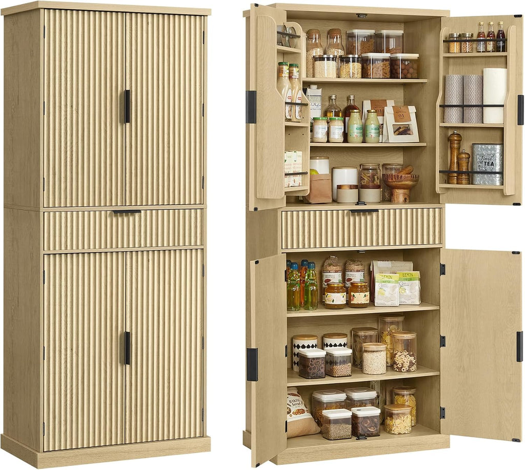 VASAGLE MAXE Collection - Pantry Cabinet, 70.6-Inch Tall Storage Cabinet with Drawer, 6 Adjustable Shelves, 2 Cabinets, Fluted Doors, Mid Century Modern, for Kitchen Living Room, Oak Beige UBBK365Y01