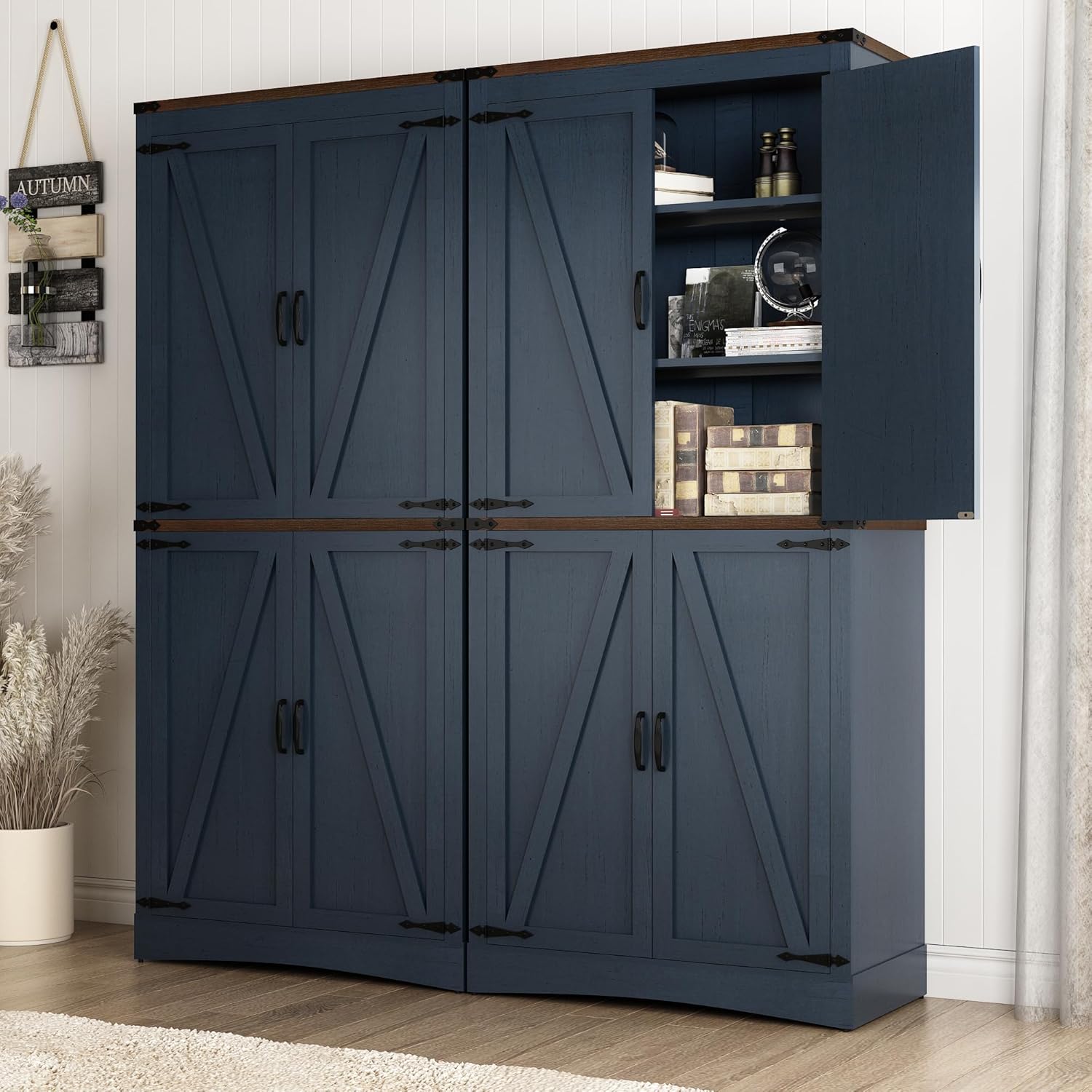 Hlivelood 71' Tall Kitchen Pantry,Farmhouse Storage Cabinet with Adjustable Shelves,Load-Bearing Steel Pipe,Farmhouse Pantry Cabinet with 4 Barn Doors,for Kitchen,Dining Room,Living Room(Blue)