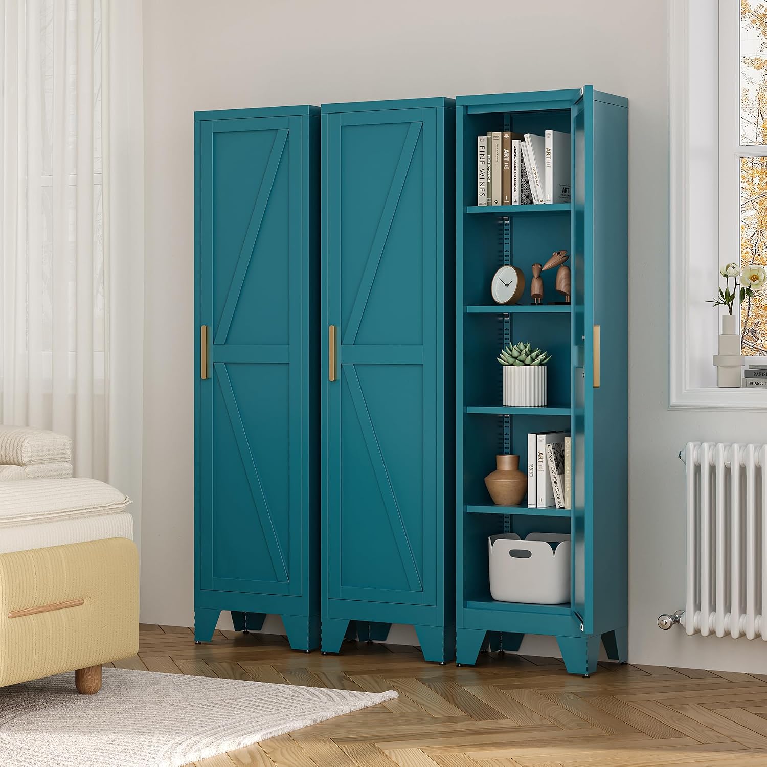 LCAOPC 67' Tall Narrow Bathroom Metal Storage Cabinet with 4 Adjustable Shelves, Freestanding 5 Tier Slim Pantry Storage Cabinet for Small Space, Peacock