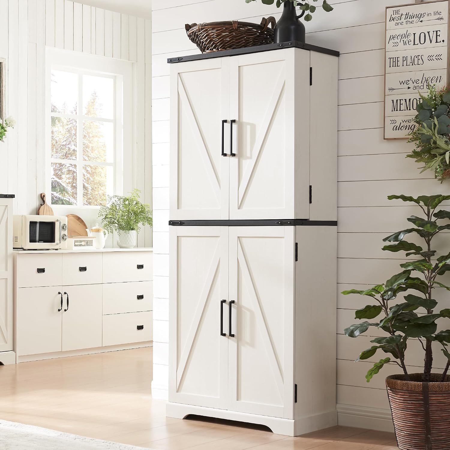 ACCOHOHO 72' Tall Kitchen Pantry, Farmhouse Storage Cabinet with Barn Doors, Organizer, Drawer and Adjustable Shelves, Rustic Wood Cupboard for Kitchen, Dining Room, Bathroom, Off White | Barn Doors