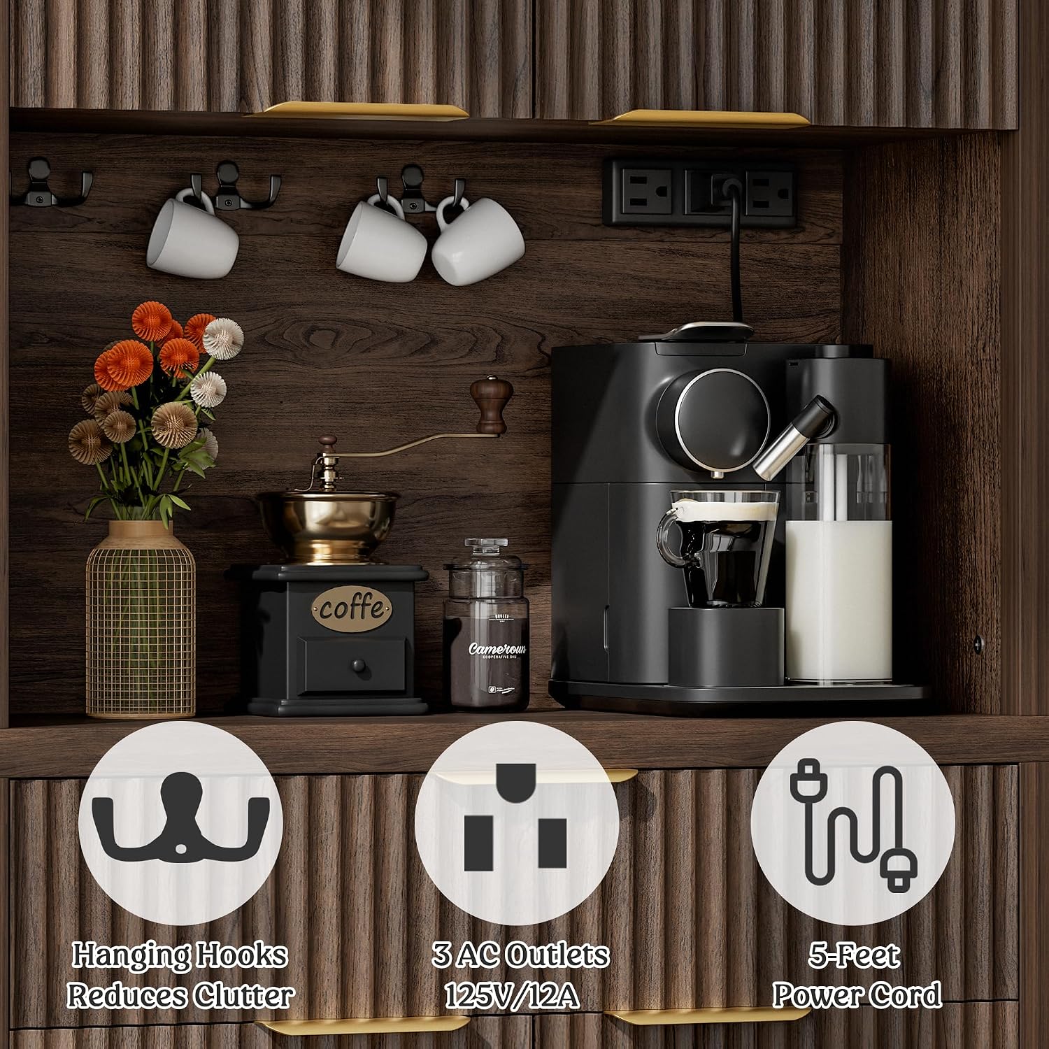Lulive 71' Fluted Pantry Cabinet with Charging Station & Adjustable Shelves, Spacious Kitchen Storage Cabinet with Open Countertop & Drawer for Dining Room, Living Room, Brown