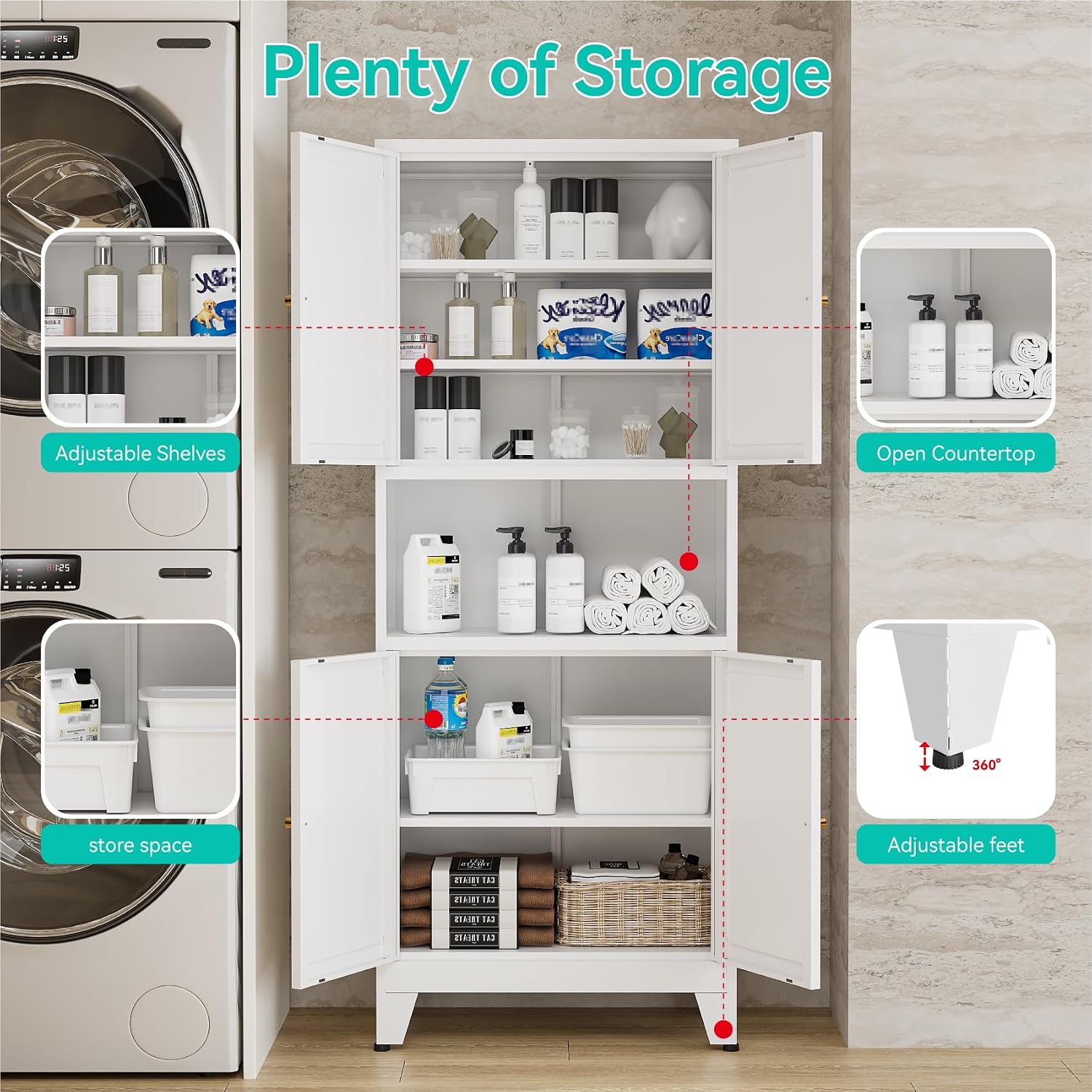 69' H Metal Pantry Cabinet with Open Shelf,13.78'Deep By 28' Wide Storage Cabinet with Doors and Adjustable Shelves,Microwave Stand,for Kitchen Dining Room Bathroom,White 1Pc