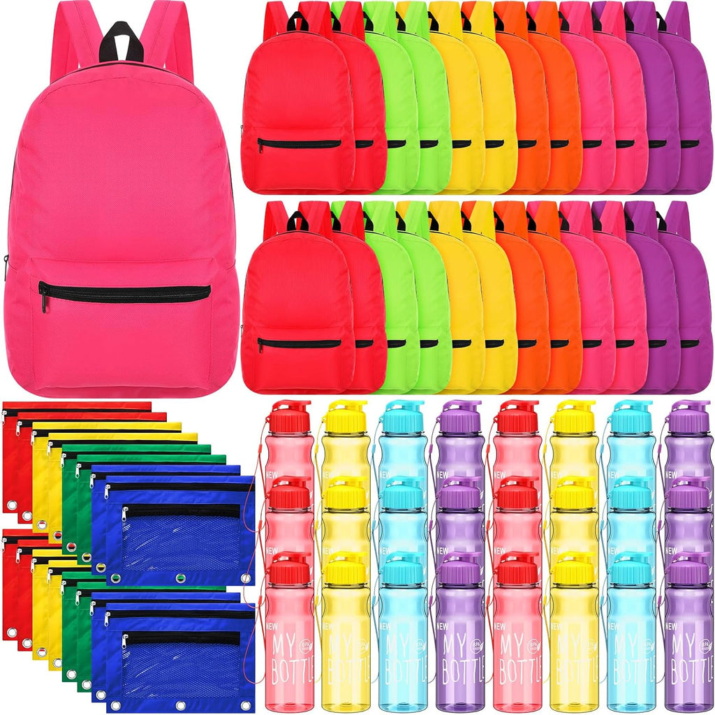 Sweetude 24 Sets 16'' Backpacks Bulk 24 Water Bottle Pencil Pouch School Backpack Set Classic Bookbags for Classroom Supplies(Four Colors,Letter Print)