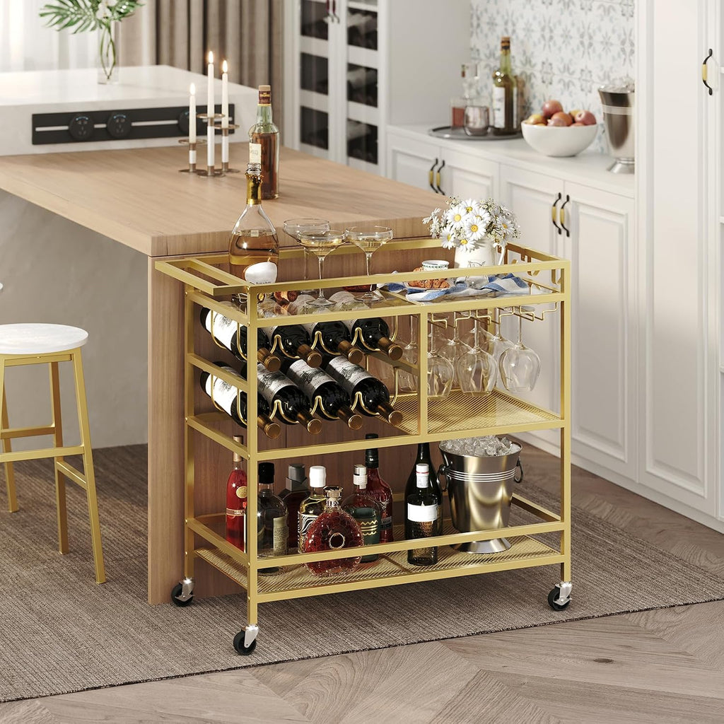 MAHANCRIS Bakers Rack with Power Outlet and Bar Cart for Home Bundle, 3-Tier Serving Cart, BRHB40E01-RCGD81B01