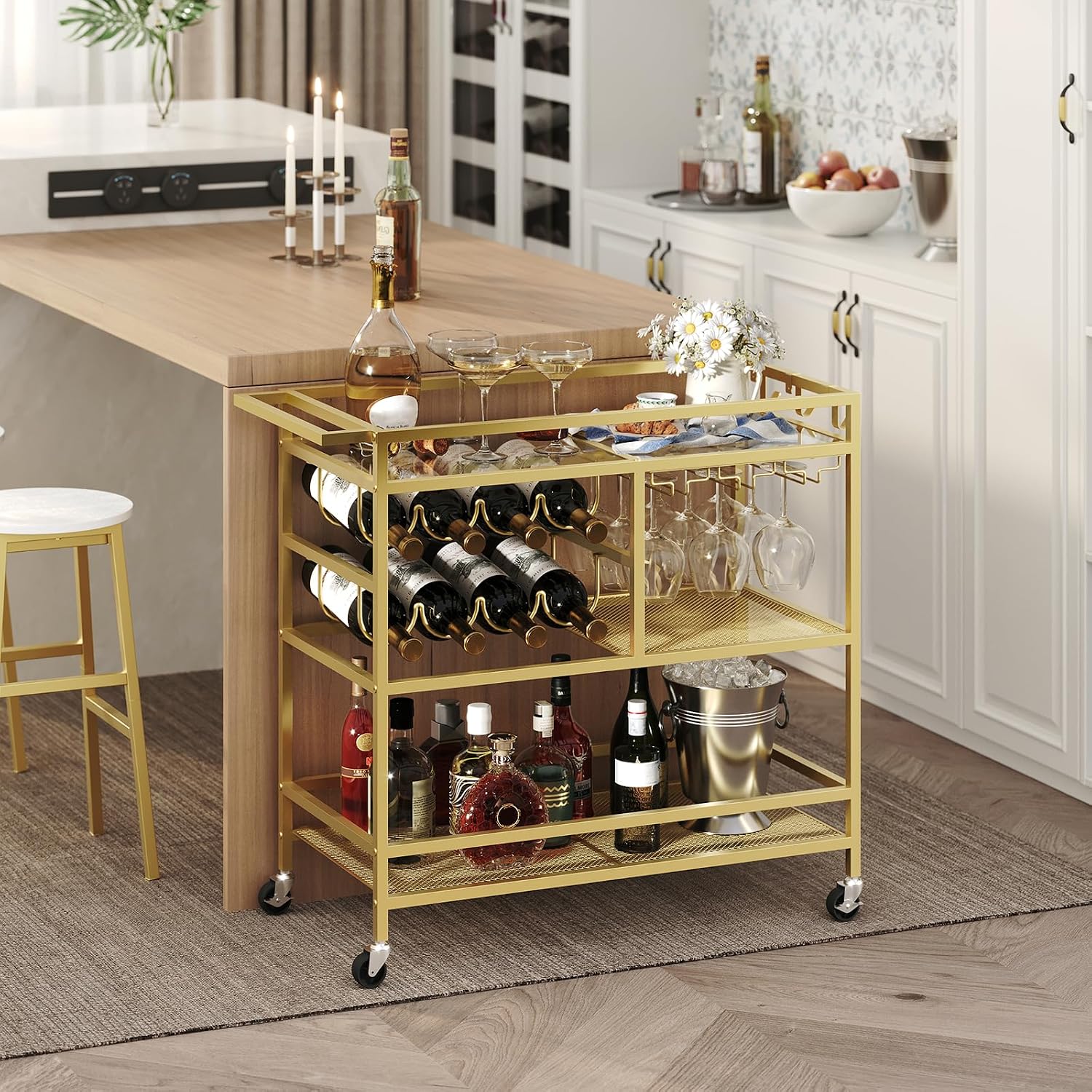 MAHANCRIS Bakers Rack with Power Outlet and Bar Cart for Home Bundle, 3-Tier Serving Cart, BRHB40E01-RCGD81B01