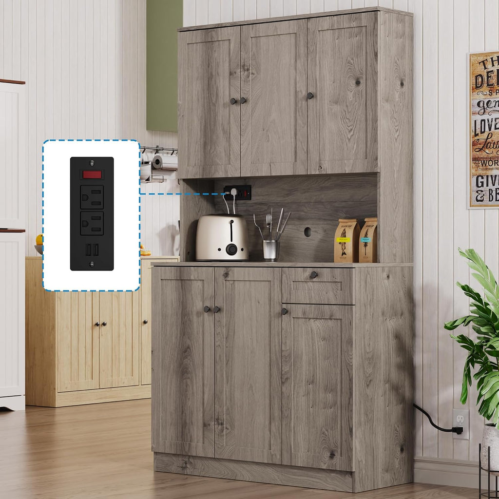 Furnify 71' H Pantry Cabinet with Charging Station, Tall Kitchen Pantry Storage Cabinet with Microwave Stand, Farmhouse Kitchen Hutch with Storage Drawer for Living Room, Dining Room, Ash Grey