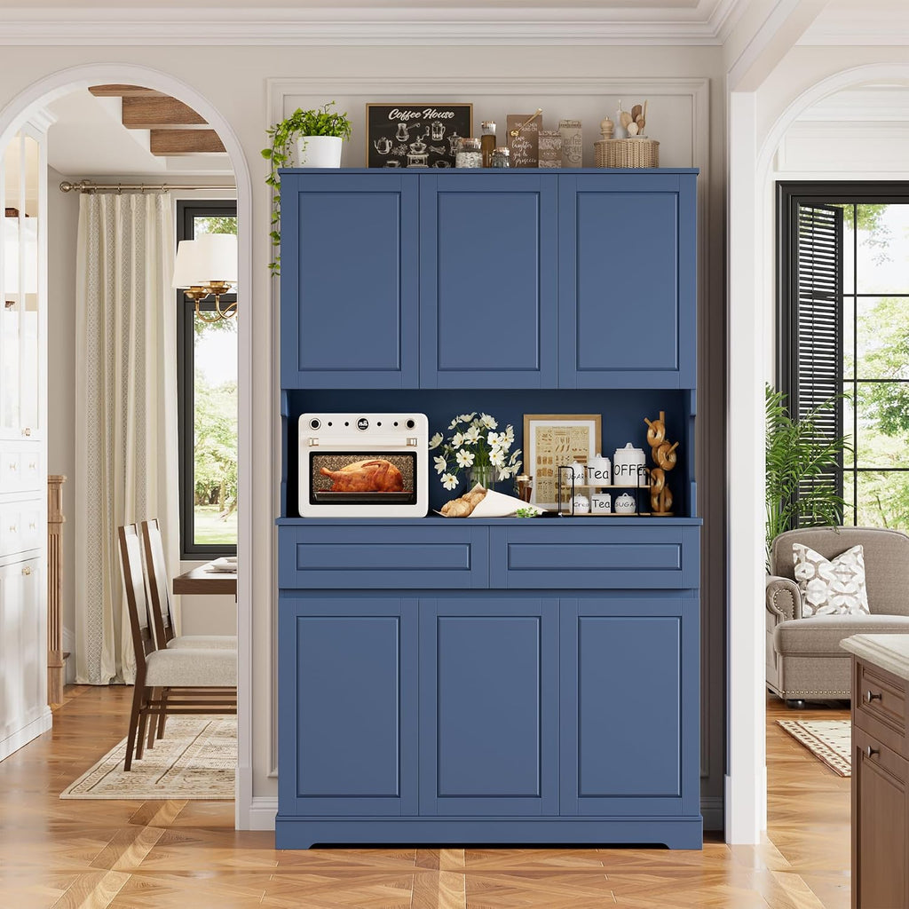 FACBOTALL 74' Pantry Cabinet, Tall Kitchen Pantry Cabinet with 6 Doors and 2 Drawers, Kitchen Hutch with Wide Countertop, Modern Kitchens Cupboard with Adjustable Shelves and Charge Holes, Blue