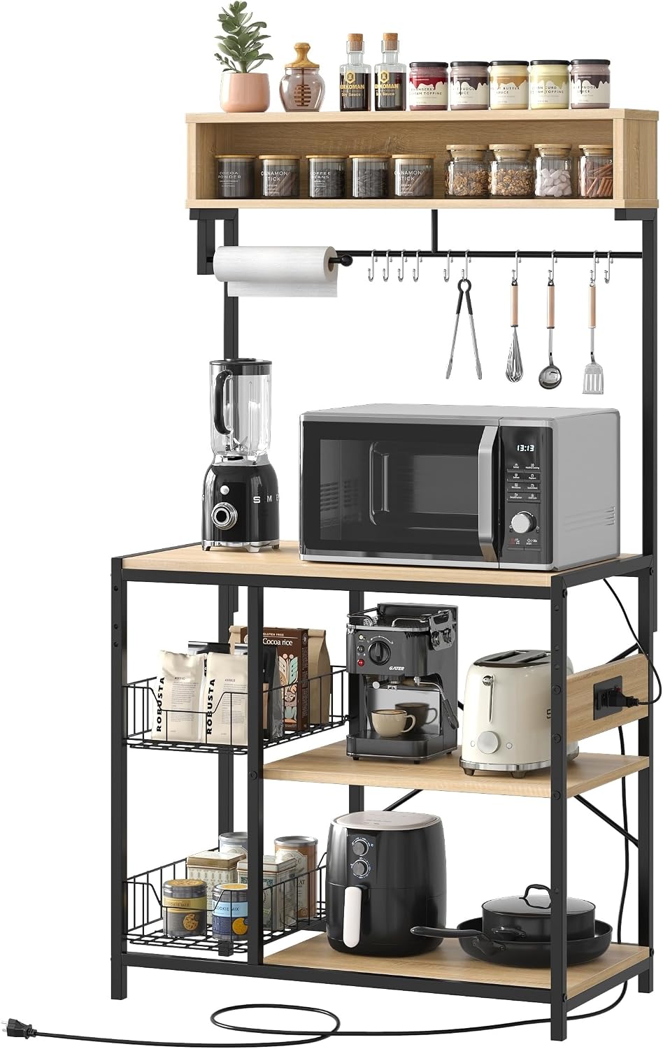 Bestier Bakers Rack with Power Outlet, 10 Hooks Coffee Bar with Wire Basket, Microwave Stand with Paper Holder, Adjustable Kitchen Storage Shelf for Spice, Pots and Pans Organizer, Oak