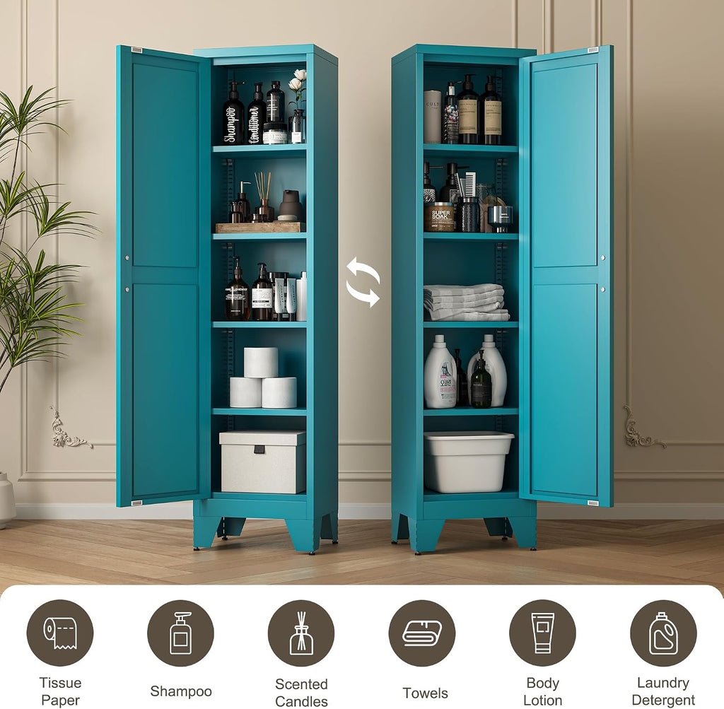 LCAOPC 67' Tall Narrow Bathroom Metal Storage Cabinet with 4 Adjustable Shelves, Freestanding 5 Tier Slim Pantry Storage Cabinet for Small Space, Peacock