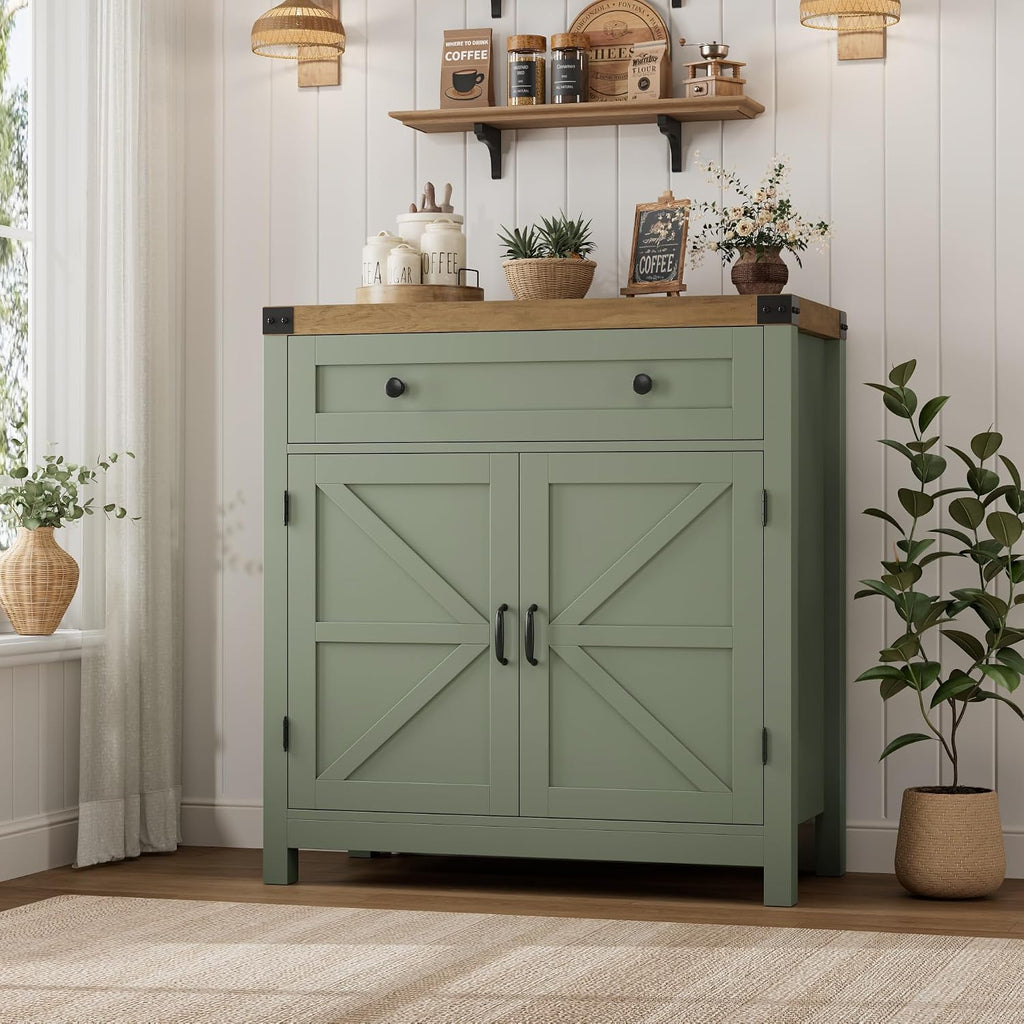 HOSTACK Coffee Bar Cabinet, Kitchen Storage Cabinet, Modern Farmhouse Buffet Sideboard with Drawer & Adjustable Shelf, Barn Door Accent Cabinets for Kitchen, Dining Room, Entryway, Green/Rustic Brown