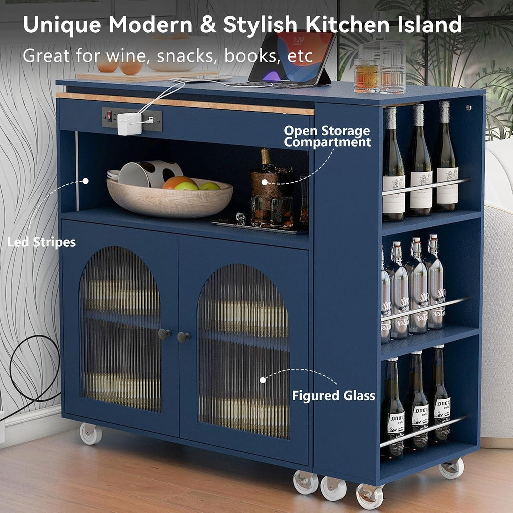 Rolling Kitchen Island W/Extended Table, Kitchen Island On Wheels with LED Lights,Power Outlets and 2 Fluted Glass Doors,Kitchen Island with a Storage Compartment&Side 3 Open Shelves ( Dark blue )