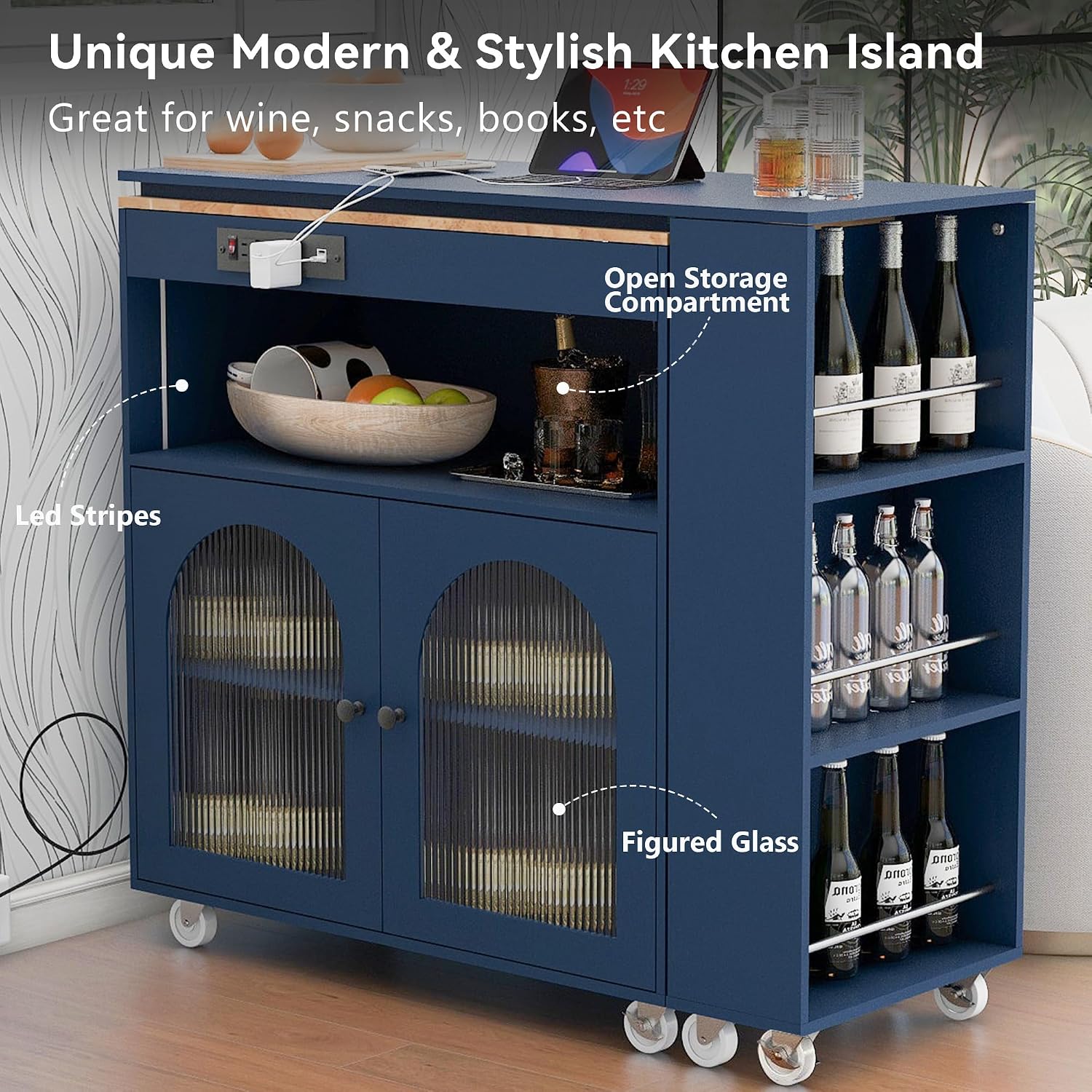 Rolling Kitchen Island W/Extended Table, Kitchen Island On Wheels with LED Lights,Power Outlets and 2 Fluted Glass Doors,Kitchen Island with a Storage Compartment&Side 3 Open Shelves ( Dark blue )