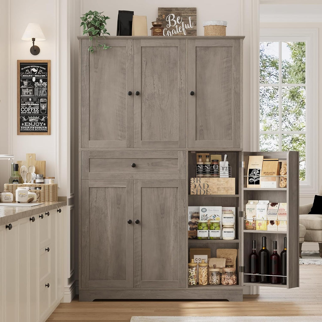 HOSTACK 68' Tall Kitchen Pantry Storage Cabinet, Modern Kitchen Hutch Cabinet with Doors and Shelves, Freestanding Food Pantry with Large Storage Drawer for Dining Room, Living Room, Ash Gray
