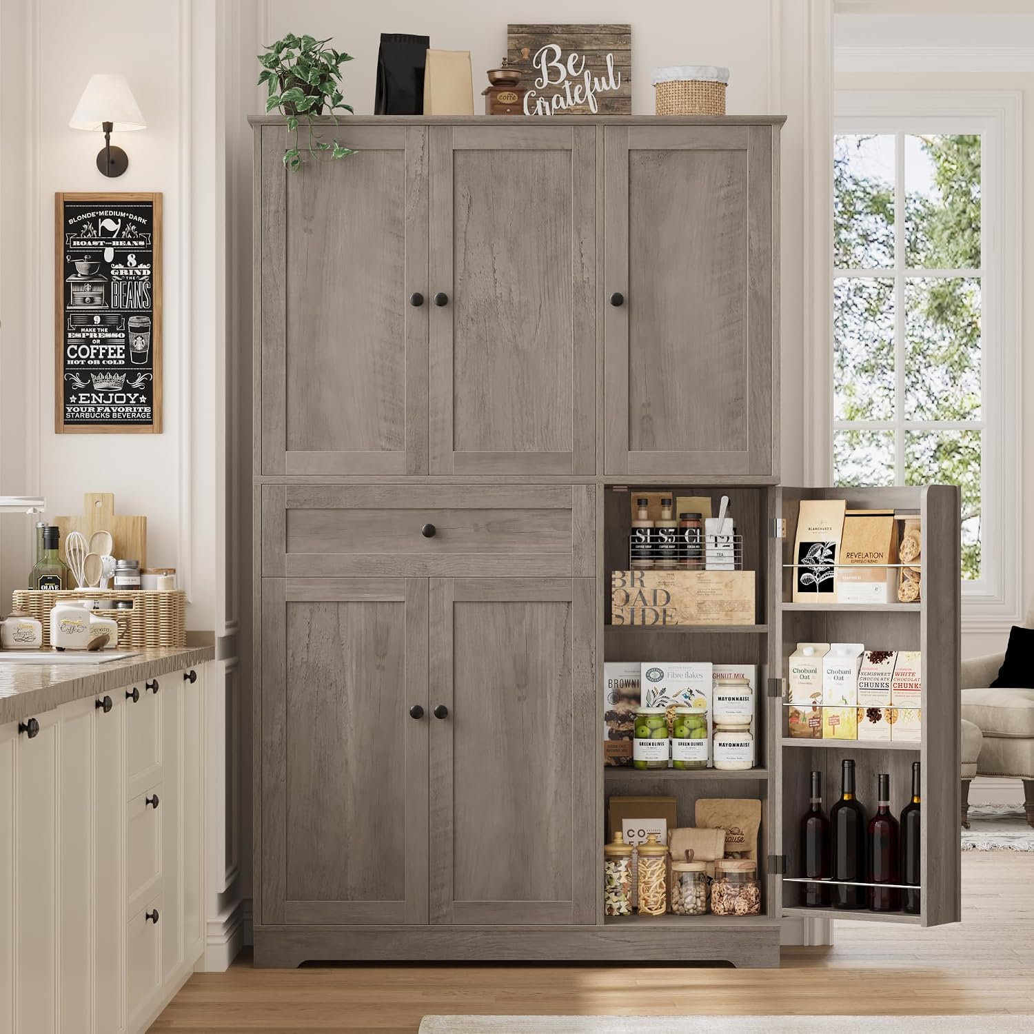 HOSTACK 68' Tall Kitchen Pantry Storage Cabinet, Modern Kitchen Hutch Cabinet with Doors and Shelves, Freestanding Food Pantry with Large Storage Drawer for Dining Room, Living Room, Ash Gray