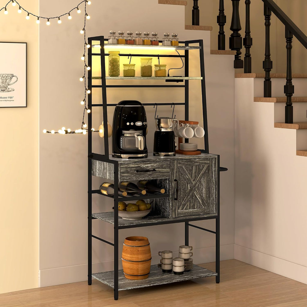 Rack with Power Outlet and LED Lights, Coffee Bar with Storage Shelves, Industrial Microwave Stand with Wine Bottle Rack, Drawer, Barn Door Cabinet, Distressed Gray