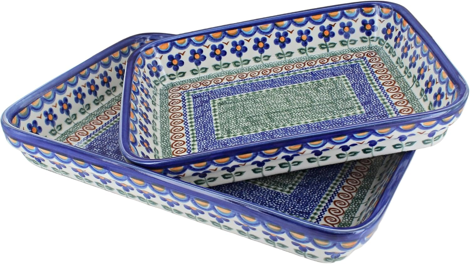 Blue Rose Polish Pottery - Brown Aztec Flower Rectangular Baker Set - 2 Bakers - Unique, Dishwasher Safe, & Durable Bakeware