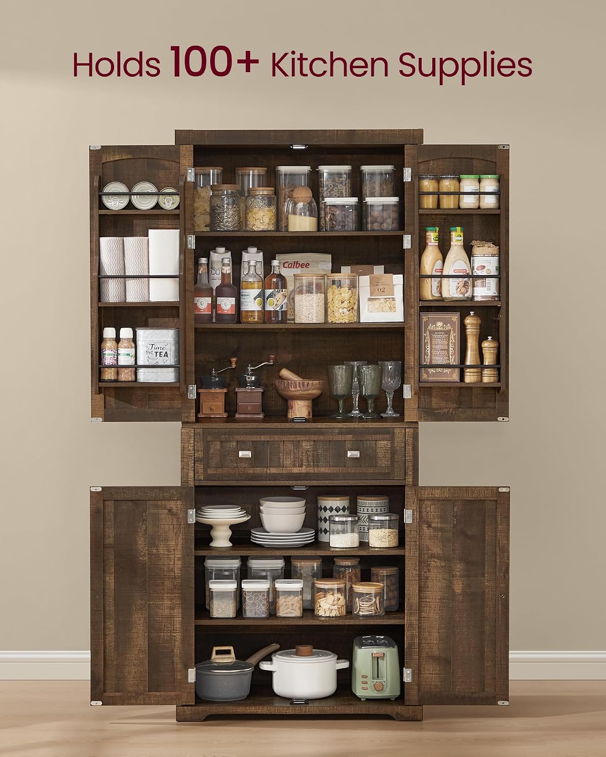 VASAGLE Pantry Cabinet, 15.7 x 30 x 71.7 Inches, Freestanding Tall Cupboard Storage Cabinet with a Drawer, 2 Cabinets, 6 Adjustable Shelves, for Living Room, Kitchen, Deep Brown UBBK561K01