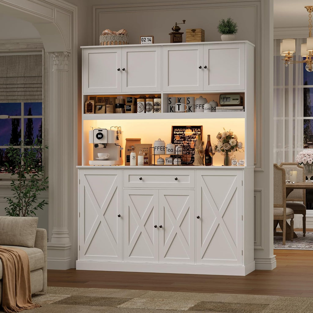HIFIT 72.8' Tall Kitchen Pantry Cabinet with LED & Charging Station, 55' Wide Farmhouse Pantry Storage Cabinet with Microwave Stand&Shelves&Barn Doors, Kitchen Hutch Coffee Bar for Living Room, White