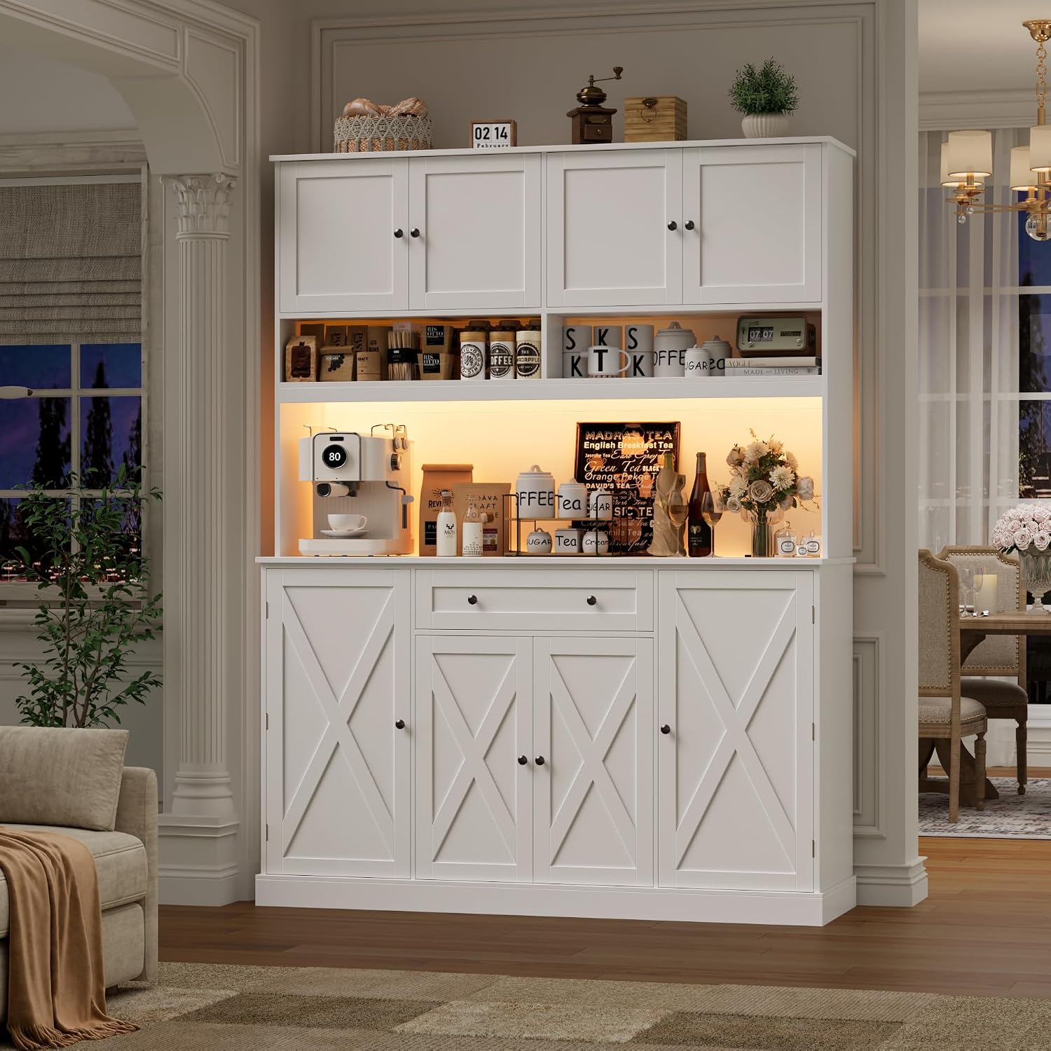 HIFIT 72.8' Tall Kitchen Pantry Cabinet with LED & Charging Station, 55' Wide Farmhouse Pantry Storage Cabinet with Microwave Stand&Shelves&Barn Doors, Kitchen Hutch Coffee Bar for Living Room, White