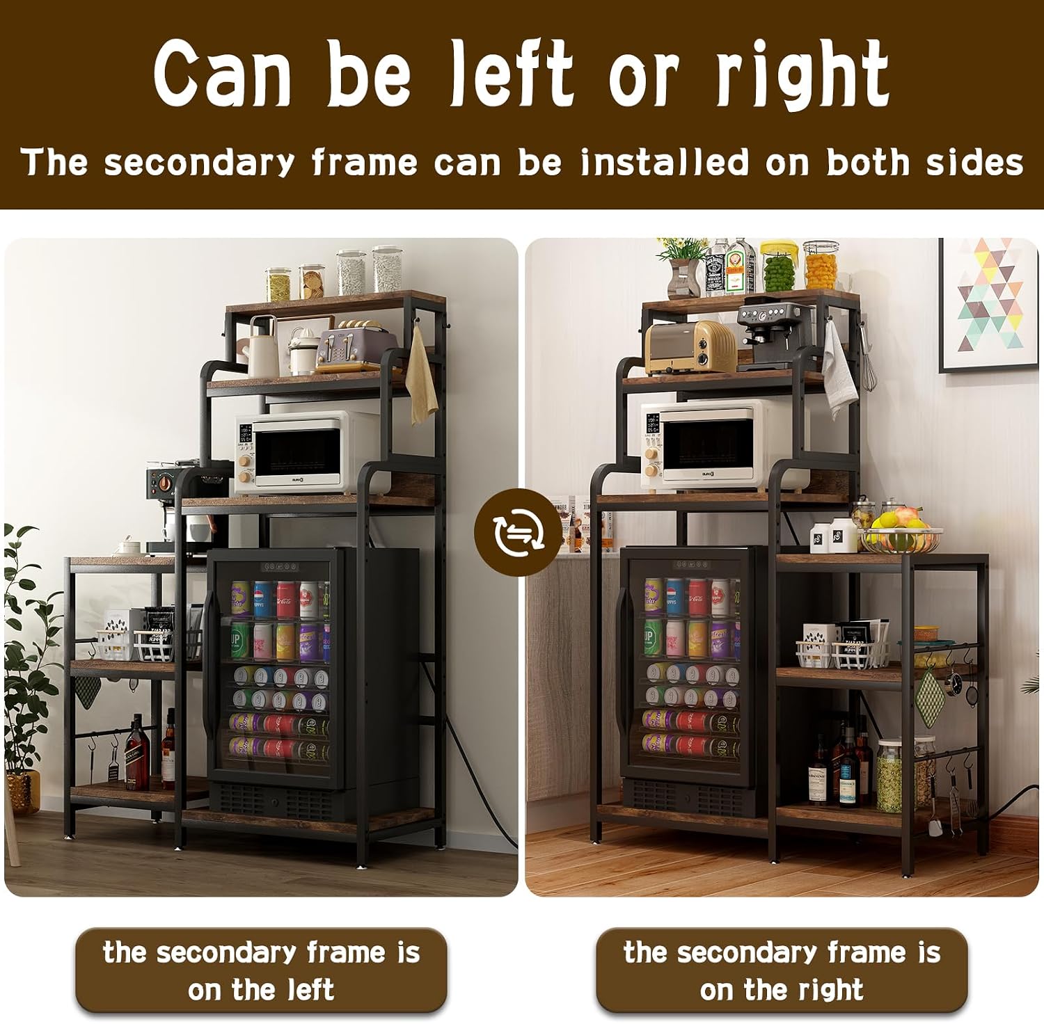 Mini Fridge & Microwave Stand with Storage, Multifunctional 7-Tier Bakers Rack with Power Outlet, Adjustable Shelves and Hooks, Utility Storage Shelf for Kitchen, Dorm, Living Room, Black+Brown