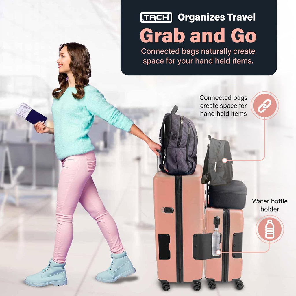 TACH Patented Connecting Hard Shell 2 Piece Luggage Set - 20 & 28 inch Luggage | Large & Carry-On Rolling Suitcases - Pink