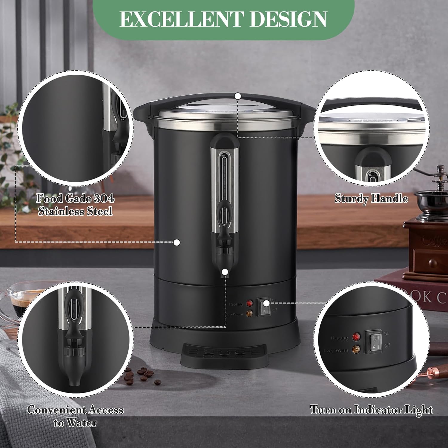 ‌Commercial Coffee Maker Urn,Stainless Steel Electric Hot Water Dispenser with Easy-Clean Design, Double Wall Insulation for Church, Office, Wedding Catering,12L