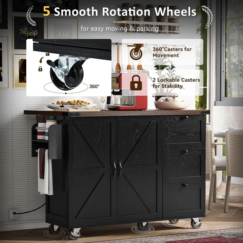 54.5' Farmhouse Kitchen Island with Power Outlet, Kitchen Storage Island with Internal Storage Rack, Drop Leaf, Spice Rack, Rolling Kitchen Cart on Wheels, for Home, Kitchen and Dining Room,Black