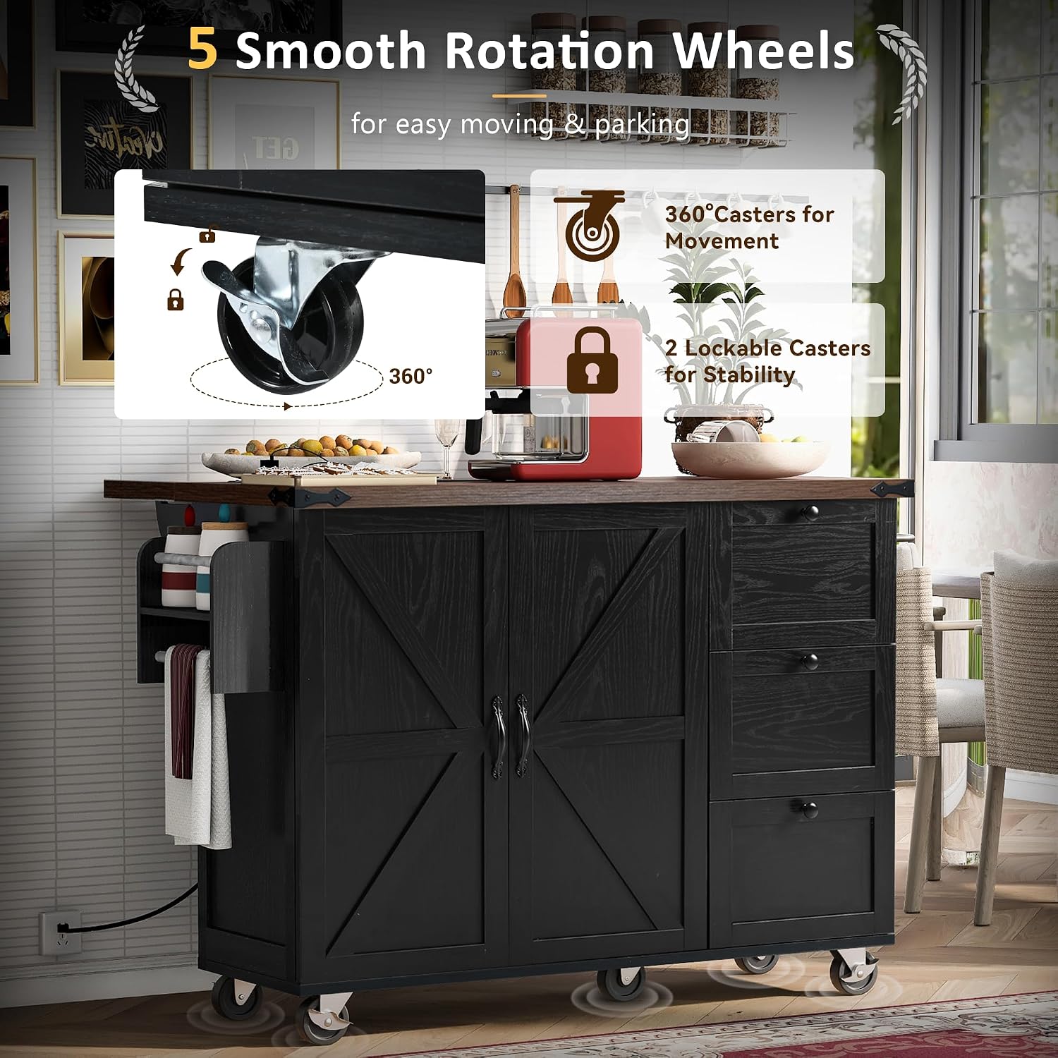 54.5' Farmhouse Kitchen Island with Power Outlet, Kitchen Storage Island with Internal Storage Rack, Drop Leaf, Spice Rack, Rolling Kitchen Cart on Wheels, for Home, Kitchen and Dining Room,Black