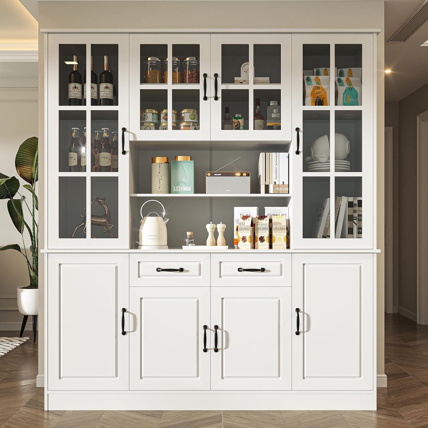 MU Kitchen Storage Cabinet with Glass Doors, Large China Hutch with 2 Drawers & 5 Adjustable Shelves, Kitchen Pantry Hutch for Home Office, Living Room, White (15.8' D x 63' W x 70.9H)