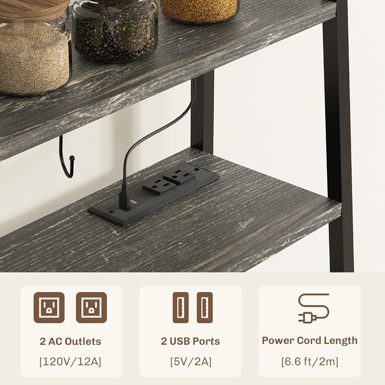 Rack with Power Outlet and LED Lights, Coffee Bar with Storage Shelves, Industrial Microwave Stand with Wine Bottle Rack, Drawer, Barn Door Cabinet, Distressed Gray