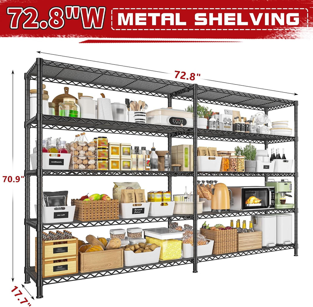 REIBII 72.8' W Storage Shelves Load 1600LBS, 5 Tier Metal Shelving Unit Garage Shelving for Adjustable Storage Rack Heavy Duty Metal Shelves for Basement Pantry Kitchen, 17.7' D x 72.8' W x 70.9' H