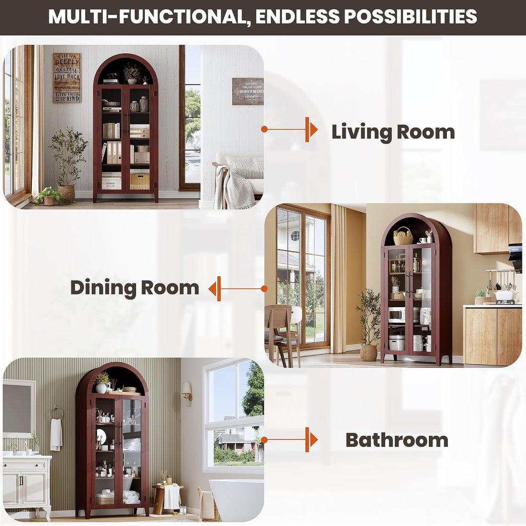 GarveeHome Arched Kitchen Pantry Cabinet - Farmhouse 5 Tier Display Shelf with Adjustable Shelf and 2 Large Glass Doors, Versatile Storage Cupboard for Kitchen, Dining Room, Living Room, Walnut