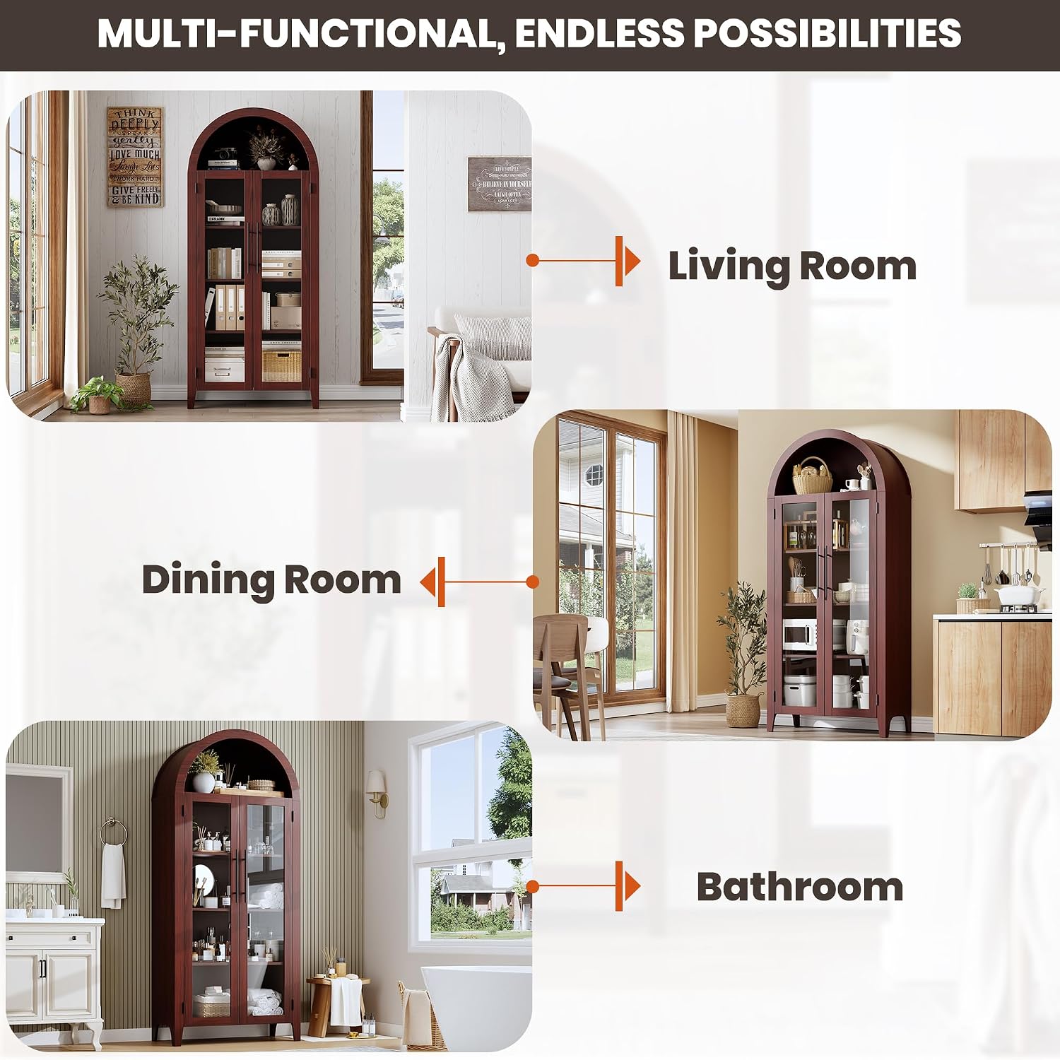 GarveeHome Arched Kitchen Pantry Cabinet - Farmhouse 5 Tier Display Shelf with Adjustable Shelf and 2 Large Glass Doors, Versatile Storage Cupboard for Kitchen, Dining Room, Living Room, Walnut