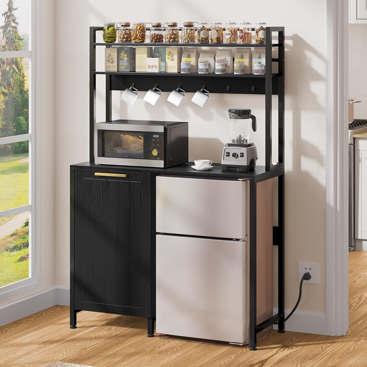 DWVO 63' Tall 39.4' Wide Fridge Stand with Tilt Out Trash Can Fit 10 Gallon, Mini Storage Bakers, Kitchen Rack with Power Outlets Freestadning Coffee Bar Cabinet 3-Tiers Coffee Stand Station Black