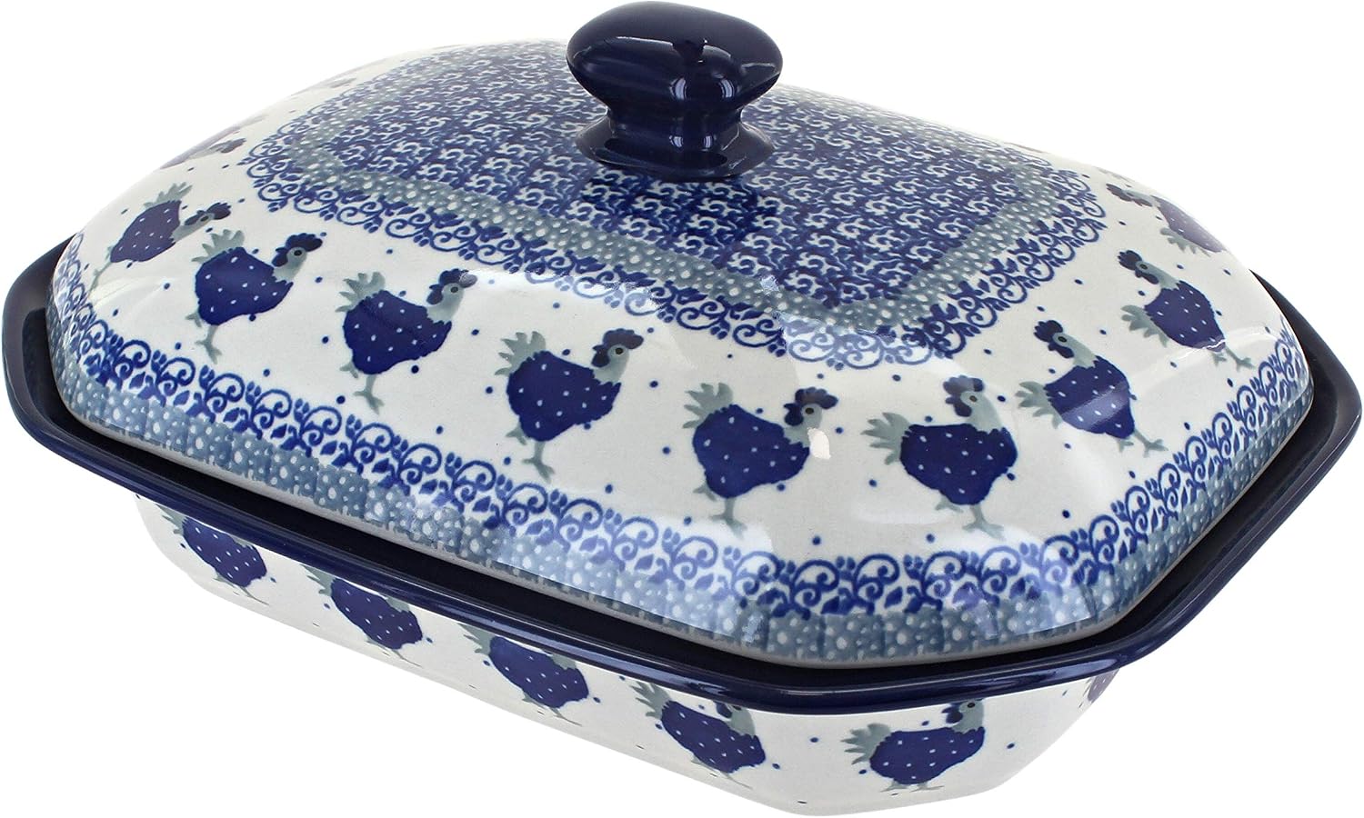 Blue Rose Polish Pottery - Blue Barnyard Rooster Medium Covered Baker - 3 Cup Capcaity - Unique, Dishwasher Safe, & Durable Bakeware