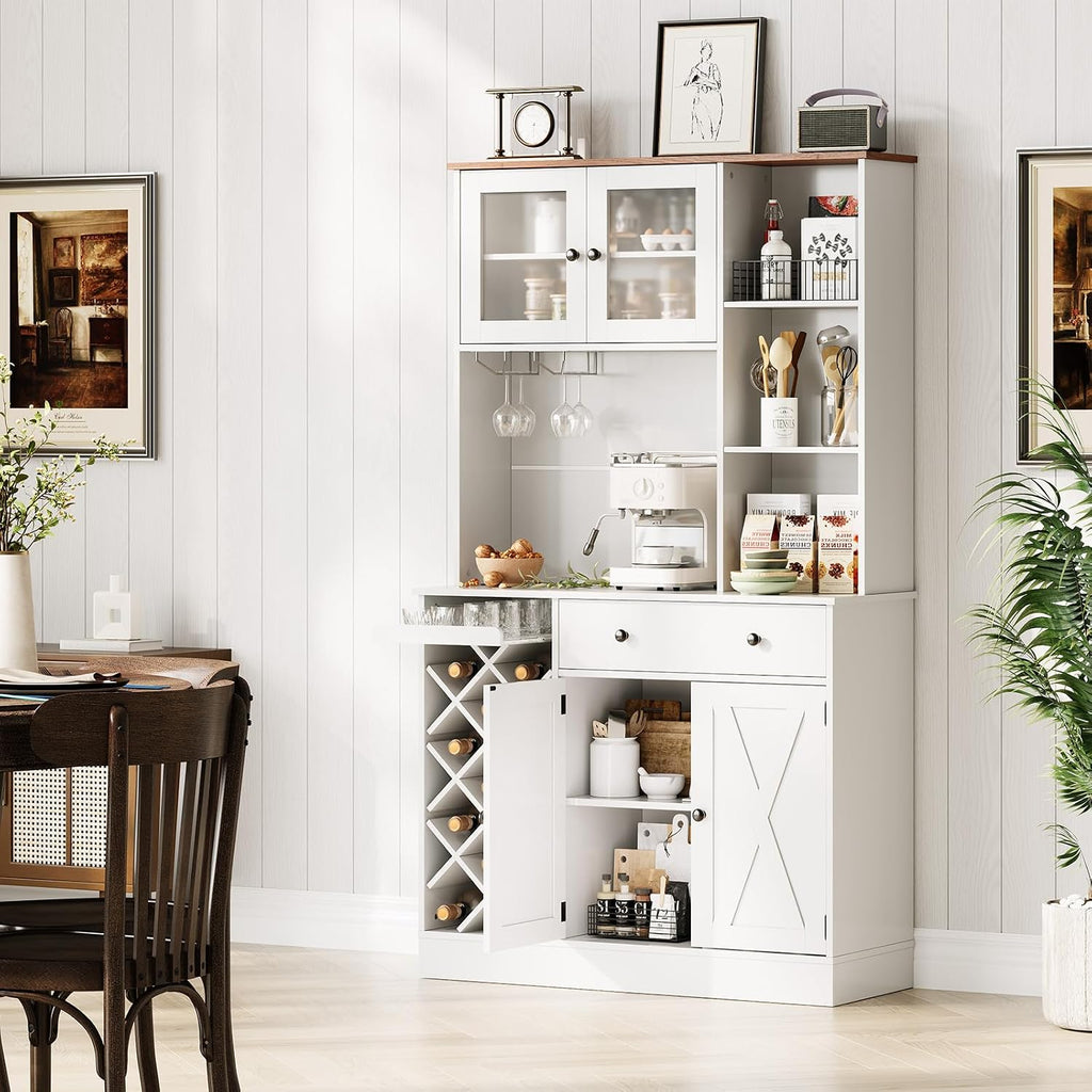 Coffee Bar Cabinet with Power Outlet & Exquisite Barn Doors, 72'' Sideboard Buffet Cabinet with Wine Bottle Rack, Large Kitchen Buffet with Storage and Wine Rack for Kitchen, Dining Room, Living Room
