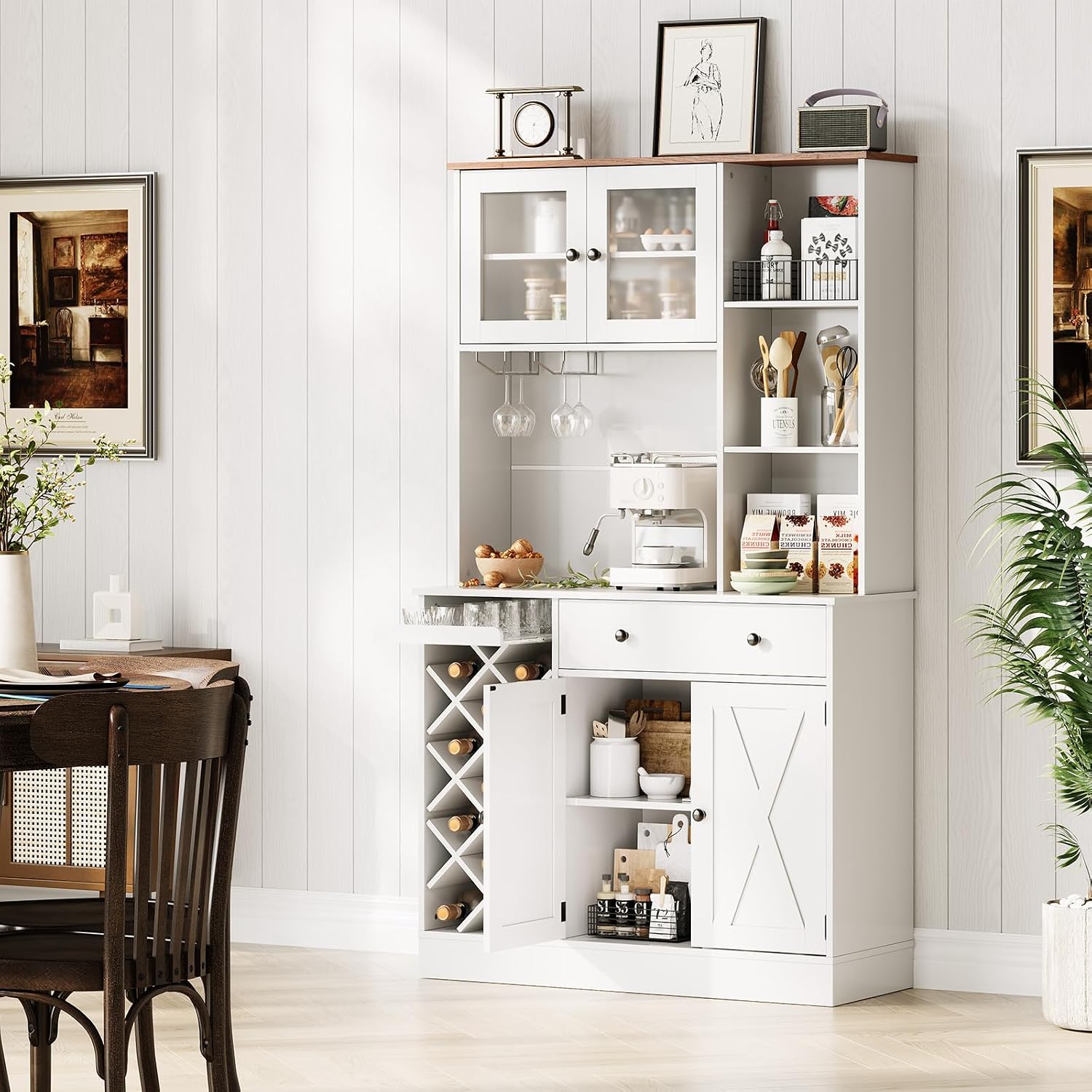 Coffee Bar Cabinet with Power Outlet & Exquisite Barn Doors, 72'' Sideboard Buffet Cabinet with Wine Bottle Rack, Large Kitchen Buffet with Storage and Wine Rack for Kitchen, Dining Room, Living Room