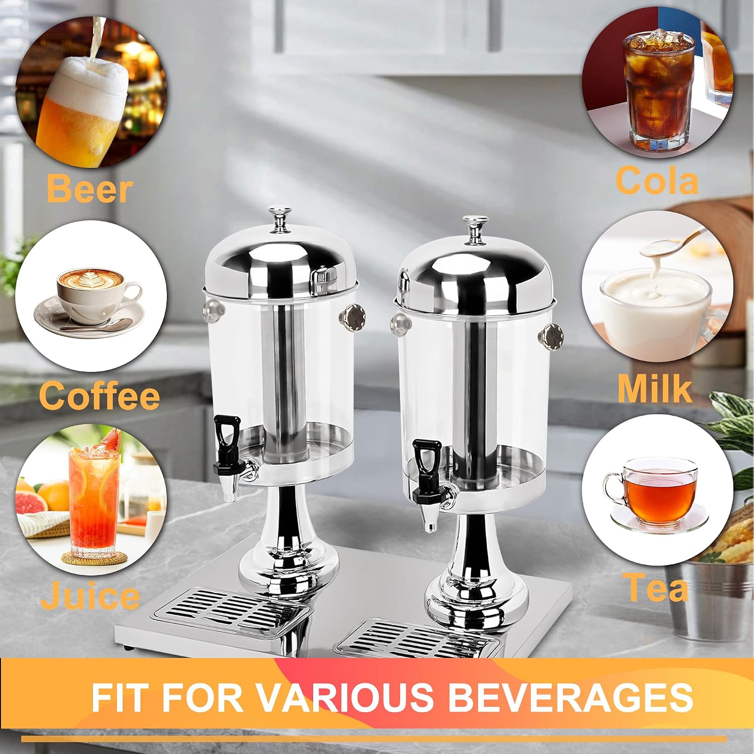 Beverage Dispenser,4.4 Gallon Beverage Dispenser for Parties, Stainless Steel Dual-Head Juice Dispenser with Centre Ice Core and Drip Trays for Parties, Buffet Cafeterias, Homes, Weddings, Events