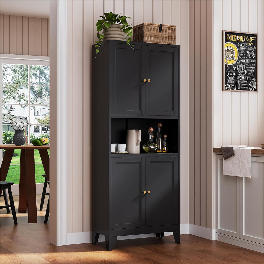 YAUWOH 69' Tall Metal Pantry Cabinet with Microwave Shelf, 4 Doors & 3 Adjustable Shelves, 120LBS Per Shelf Heavy Duty Storage Cabinet with Anti-Tip Design for Kitchen,Dining Room (1PC,Black)