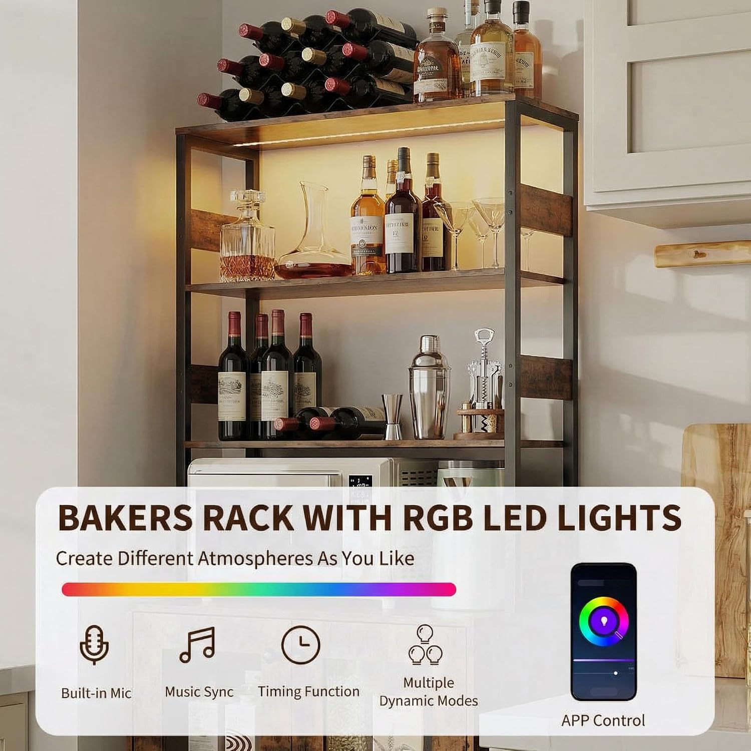 66.9' Bar Cabinet with Power Outlets & LED Lights, Pantry Cabinet with Glass Doors, Kitchen Bakers Rack, Microwave Stand Bakers Rack Cabinet for Dining Room, Living Room, Hallway