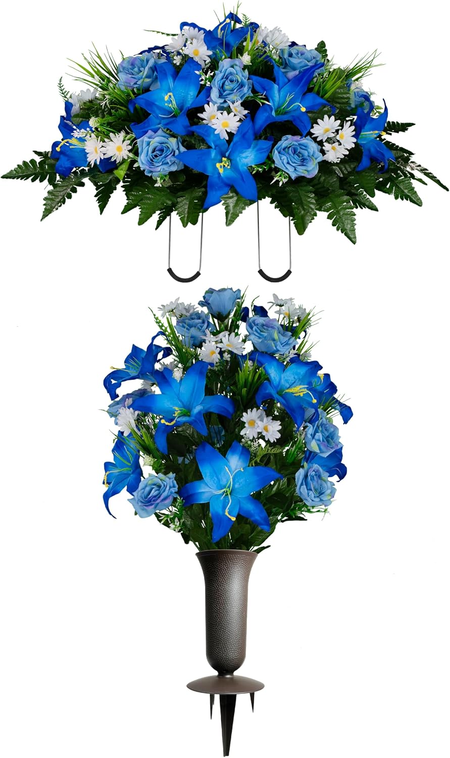 Sympathy Silks Artificial Cemetery Flowers - Gravesite Flowers - Blue Lily and Rose with White Daisies - (1) Headstone Flower Saddle & (1) Matching Bouquet (1) Cemetery Vase Included