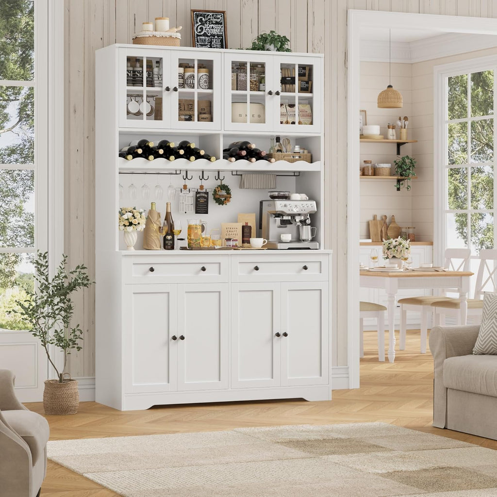 HOSTACK 75.4' Tall Kitchen Pantry Cabinet with Charging Station, Modern White Kitchen Hutch with Microwave Stand and Wine Racks, Large Food Pantry Storage Cabinet with Glass Doors and Drawers, White